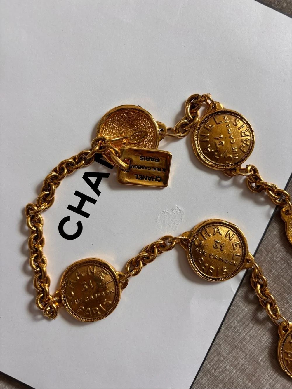 Authentic CHANEL medallion charm gold plated Rue Cambon 31 medallion belt 80cm